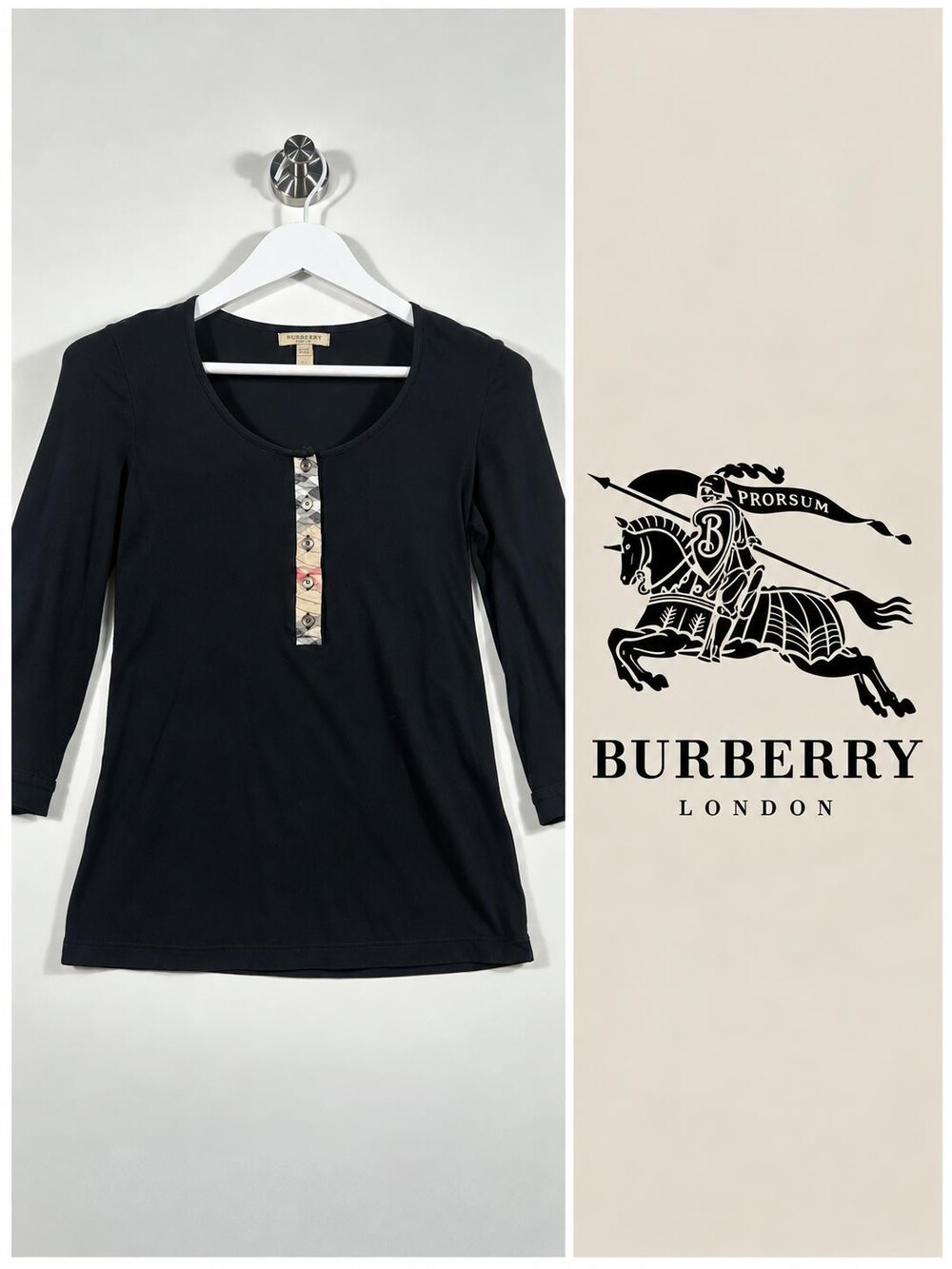 Burberry Brit Navy Nova Check Plaid Button 3/4 Sleeve Top S
